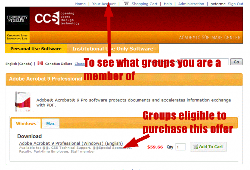 Click "Your Account" at the top of the page to see what groups you are a member of. Groups eligible to purchase offers appears underneath the offer.
