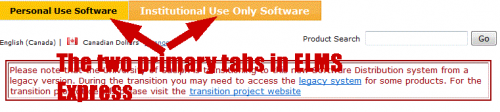 "Personal Use Software" and "Institutional Use Only Software" are the two primary tabs in ELMS Express