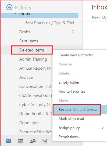 office 365 email deleted items recovery
