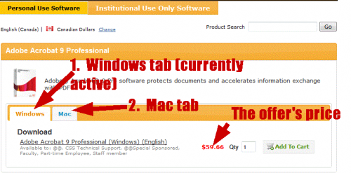 The windows (currently active) and mac tabs appear side by side with the offer's price underneath.