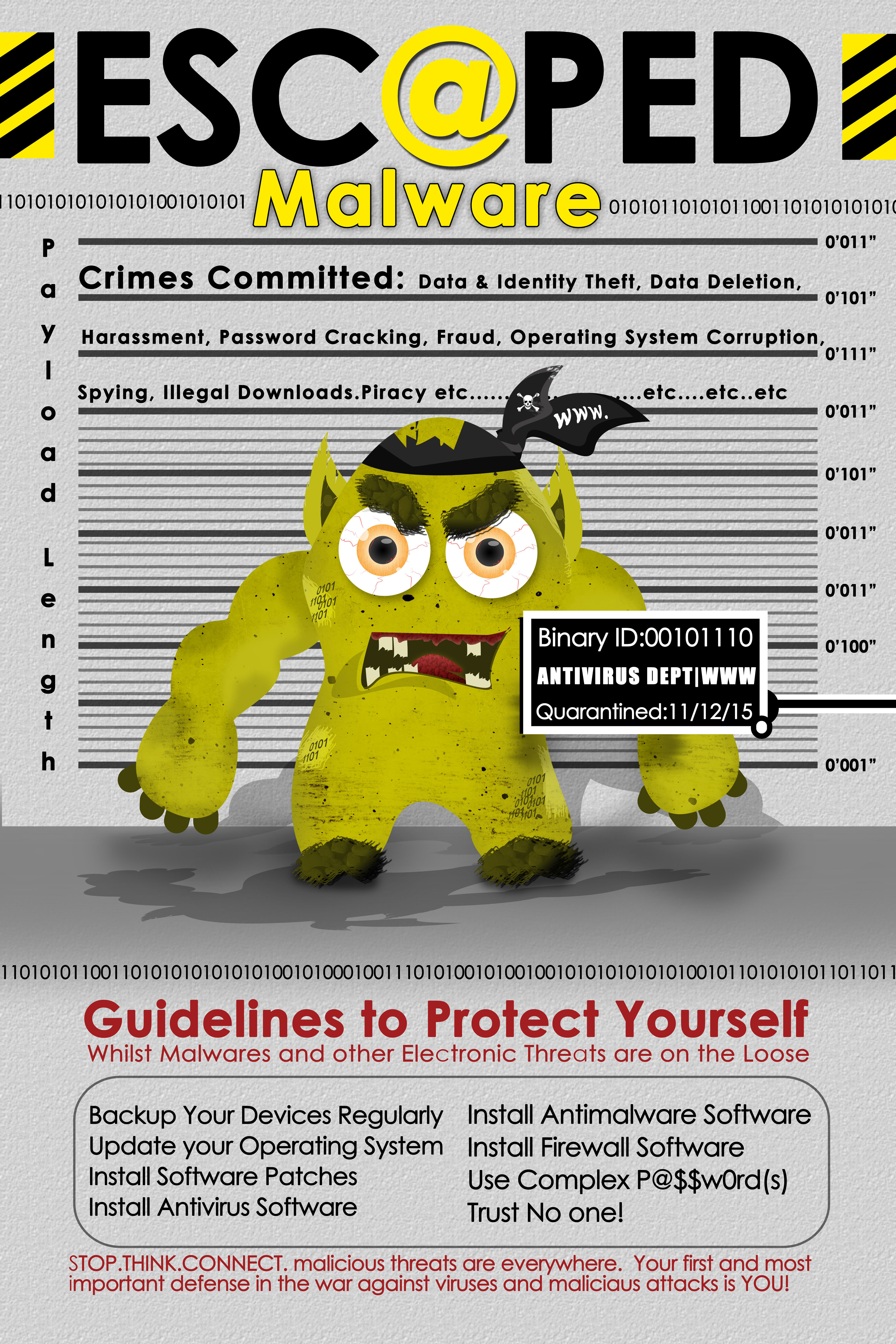 Guidelines to Protect Yourself Whilst Malwares and other Electronic Threats are on the Loose - Backup Your Devices Regularly - Install Antimalware Software - Update your Operating System - Install Firewall Software - Install Software Patches - Use Complex P@$$wOrd(s) - Install Antivirus Software - Trust No one!  STOP.THINK.CONNECT. Malicious threats are everywhere. Your first and most important defense in the war against viruses and malicious attacks is YOU!