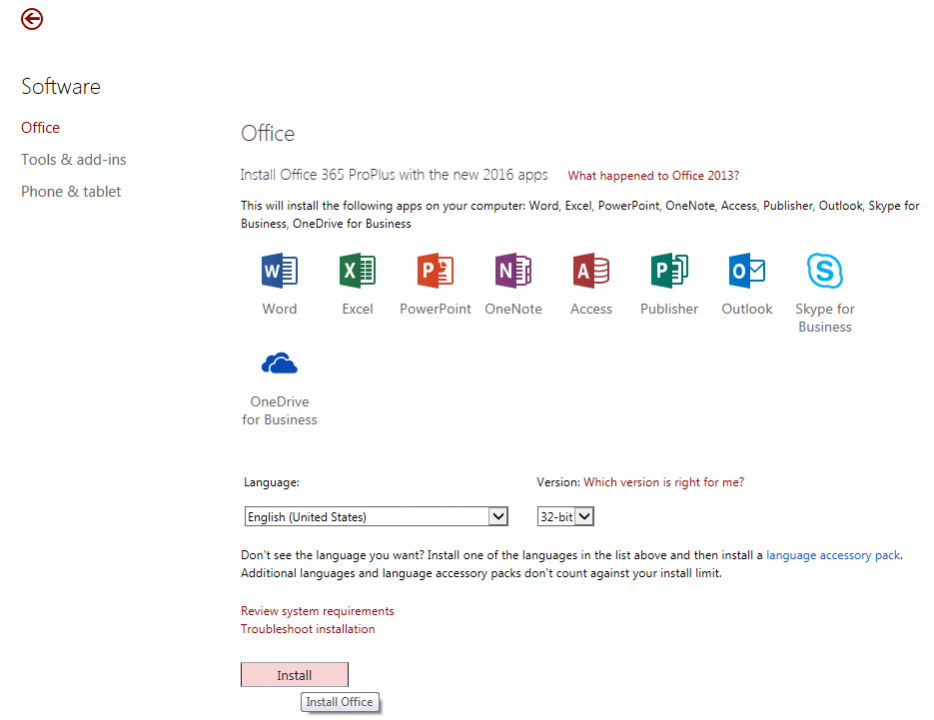 Visualization of the install button and Office 365 downloading