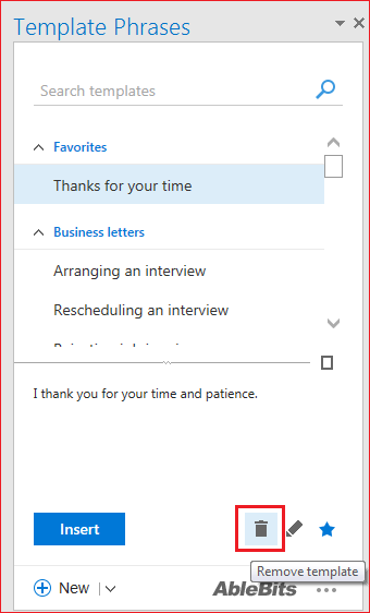 Template Phrases menu highlighting deleting a Template Phrase.