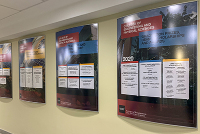 CEPS and CBS student and faculty awards wall in Summerlee Science Complex