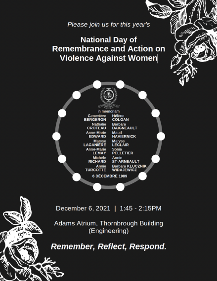 Event poster for December 6 with event time details and names of victims