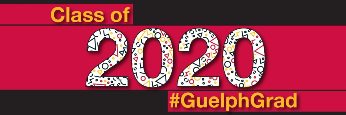 Convocation header that has red and black blocks and says "Class of 2020 #GuelphGrad"