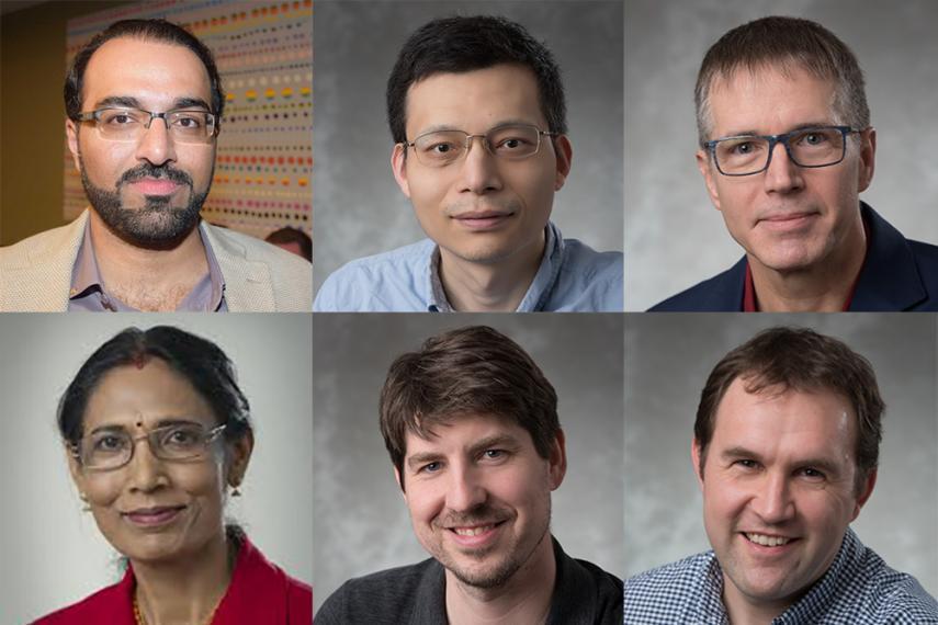 Image of headshots of faculty and staff winners. From left: Ali, Huan, John, Manjusri, Jay, Ryan