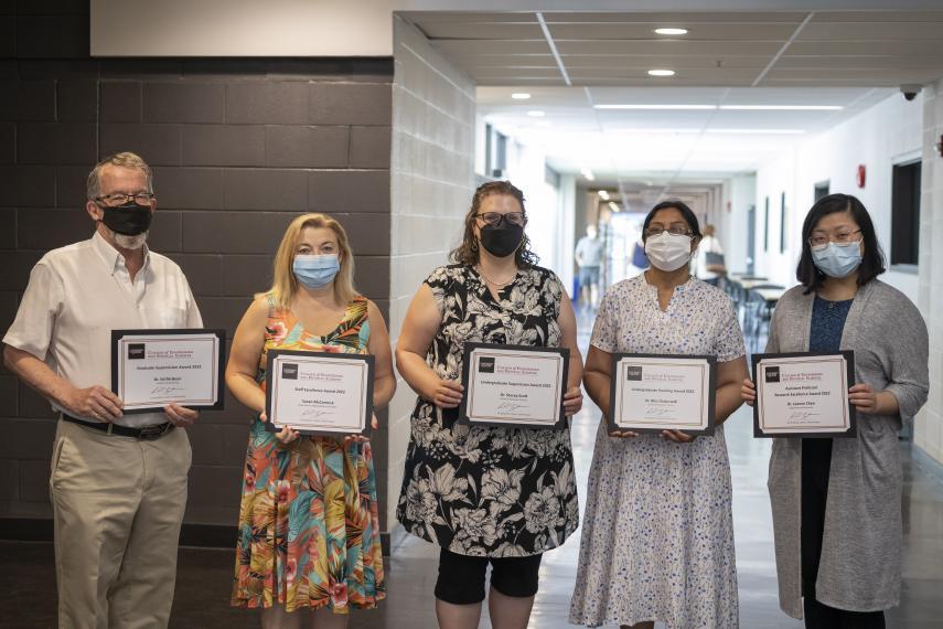 CEPS Annual Award Winners. Moving left to right: Dr. Ed McBean, Susan McCormick, Dr. Stacey Scott, Dr. Ritu Chaturvedi, and Dr. Leanne Chen