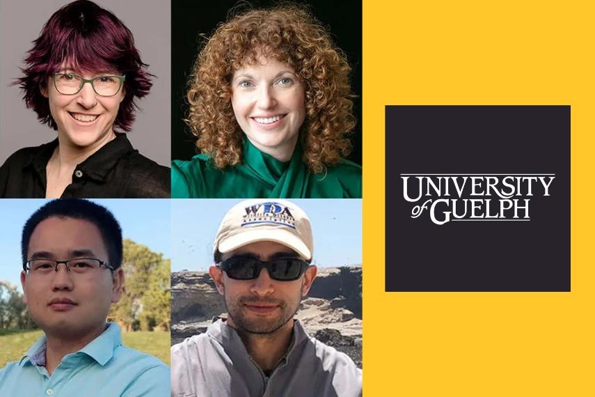 Headshots of Dr. Shoshanah Jacobs, Dr. Jennifer Geddes-McAlister, Dr. Sheng Yang, and Dr. Mauricio Seguel and the University of Guelph logo with a yellow and black background