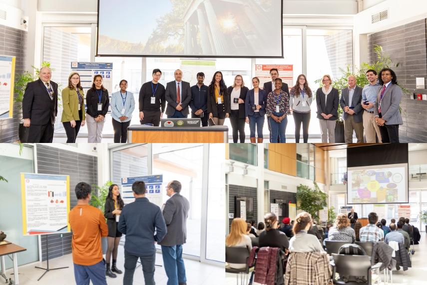 Students and attendees presenting in large atrium