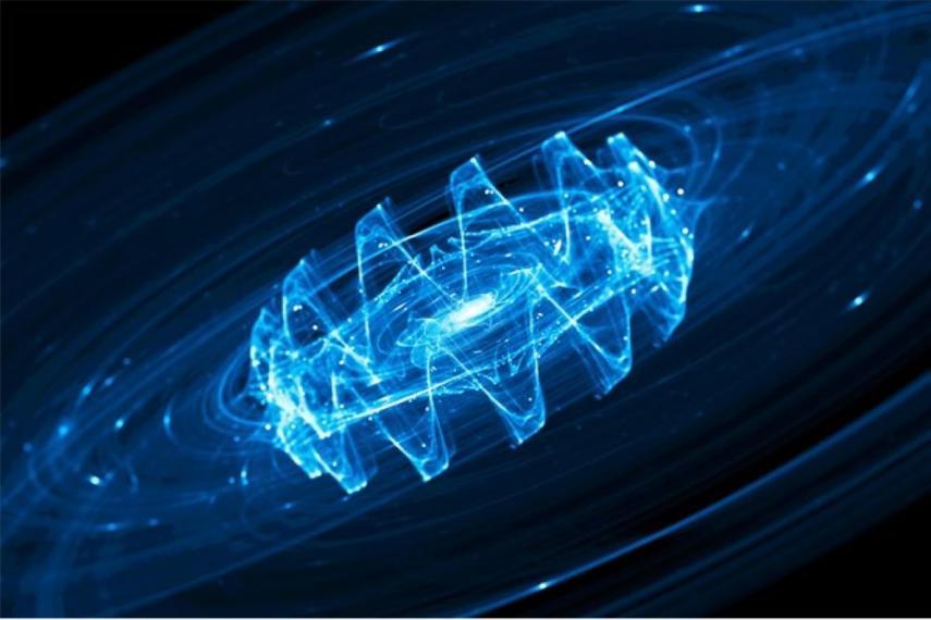 Image showing gravitational waves in space. Blue, wavy lines in a circular configuration against a black background.