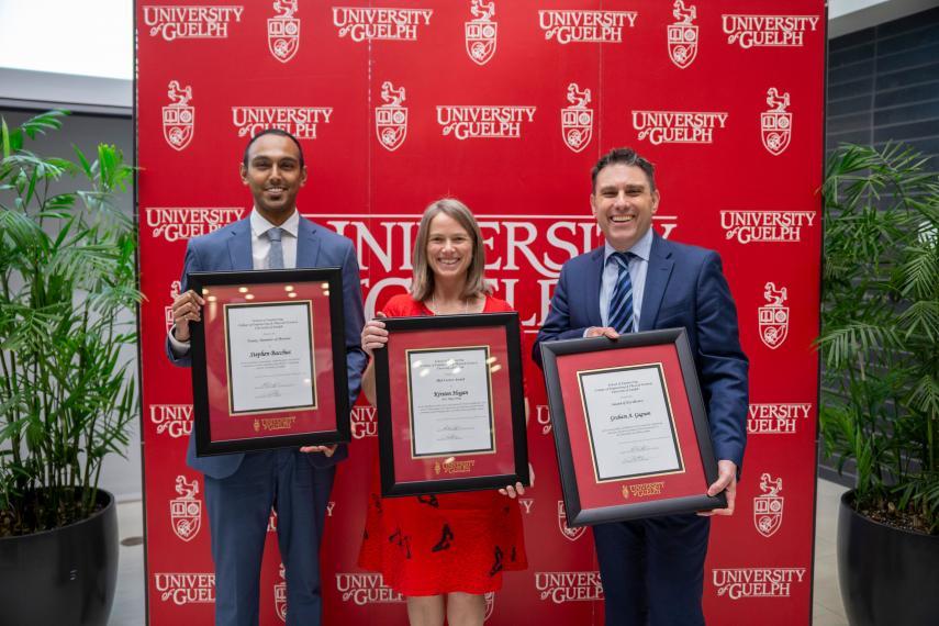 Three award winners standing holding their plaques.