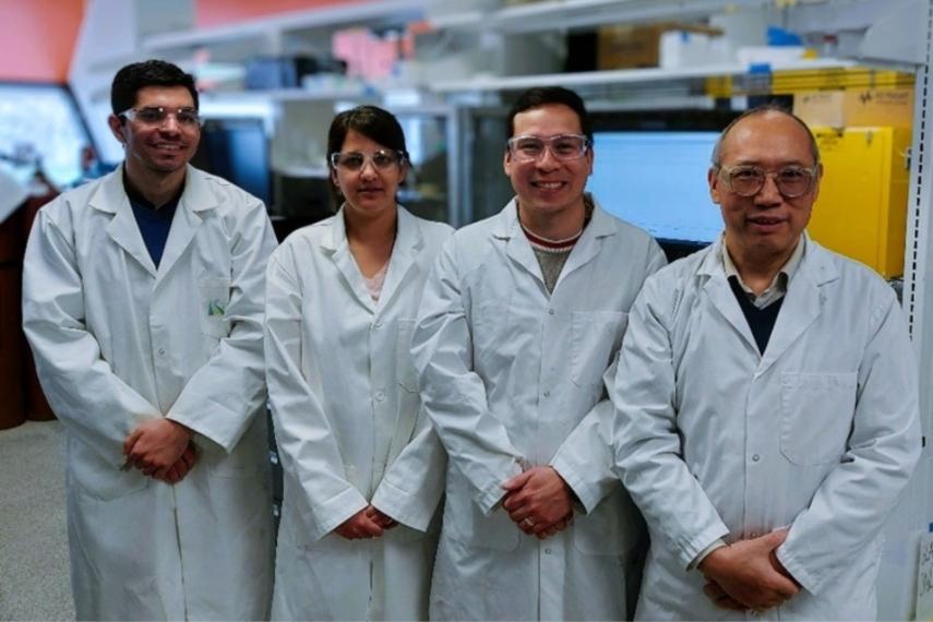 Dr. A. Elsayed, S. Abner, Dr. E. Mena-Morcillo, and Dr. A. Chen pose in lab coats in a lab