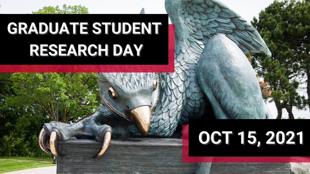 Promotional image for Graduate Student Research Day of the gryphon with overlayed graphics. 