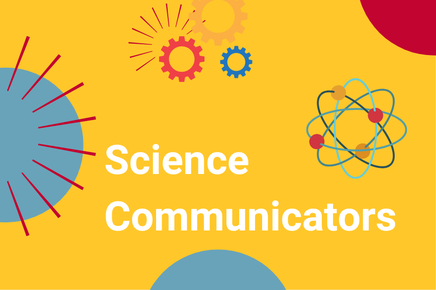 Several scientific logos cover a yellow background with blue and red semi-circles, and white "Science Communicators" text