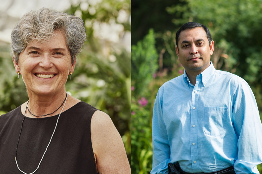 Collage of Dr. Beth Parker's headshot with Dr. Animesh Dutta's headshot, both with greenery in their background. 