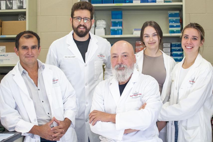 Pictured from left: Dr. Luis G. Arroyo Castro, Professor, Large Animal Medicine, Department of Clinical Studies; Nolan Frame, PhD candidate; Dr. Mario A. Monteiro, Professor, Department of Chemistry; Jamie Dawson, M.Sc. candidate; Victoria Longato, undergraduate student