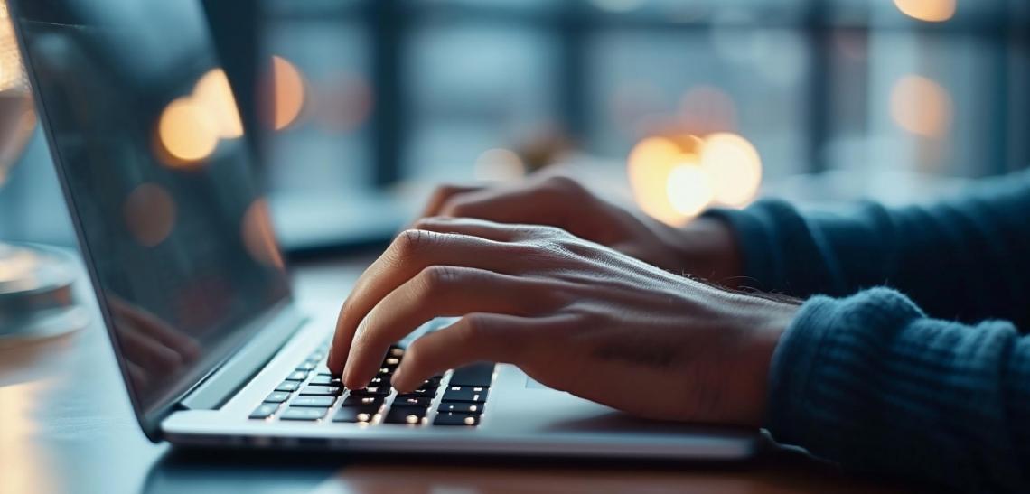 Person's hands typing on computer in darkly-lit space