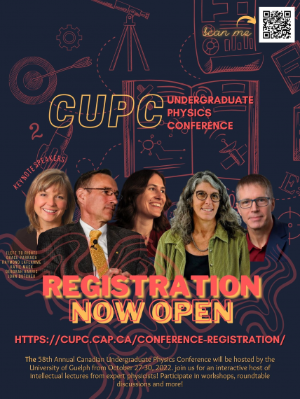 Canadian Undergraduate Physics Conference promotional flyer with text: Registration Now Open