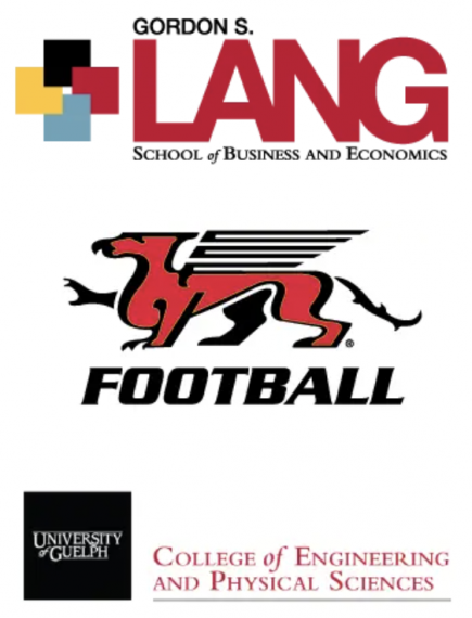 "GORDON S. LANG SCHOOL OF BUSINESS AND ECONOMICS" with the Lang logo at the top of the poster, with an image of a gryphon and the words "FOOTBALL" in the middle of the poster, and on the bottom the University of Guelph black logo with the words "COLLEGE OF ENGINEERING AND PHYSICAL SCIENCES"