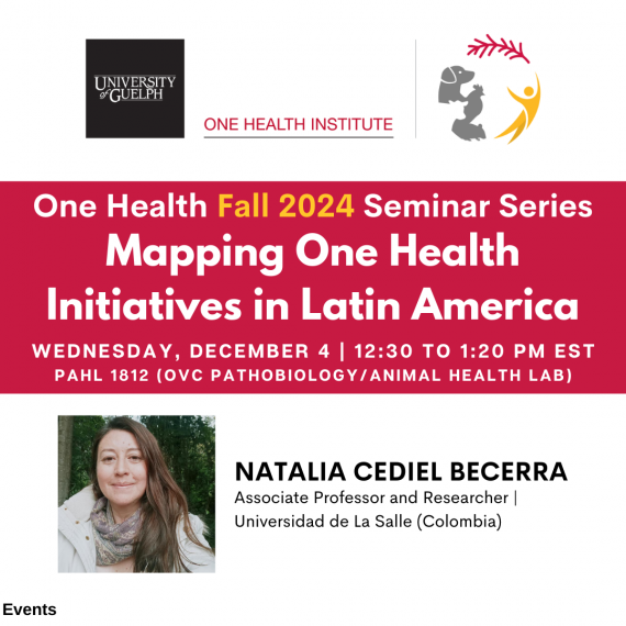Graphic for One Health Seminar with Natalia Cidiel Becerra about mapping One Health Initiatives in Latin America.