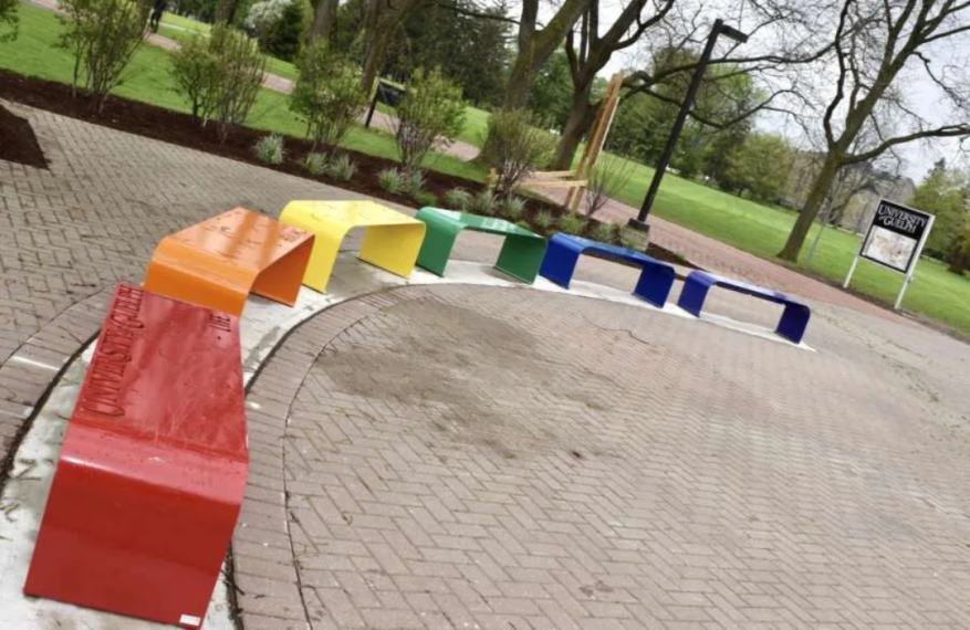 Rainbow colored benches on the U of G Campus