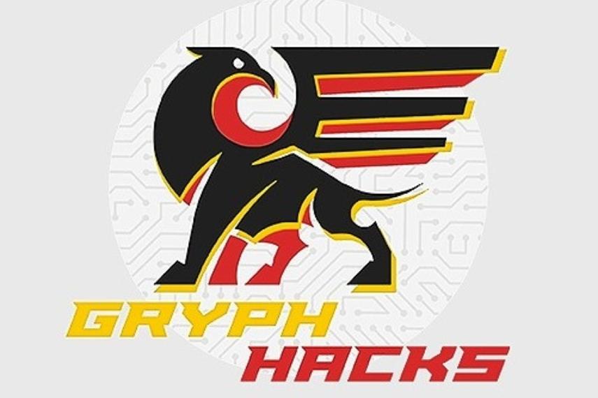 Gryph Hacks Logo, with red, yellow, and black gryphon with graphic computer wiring in background