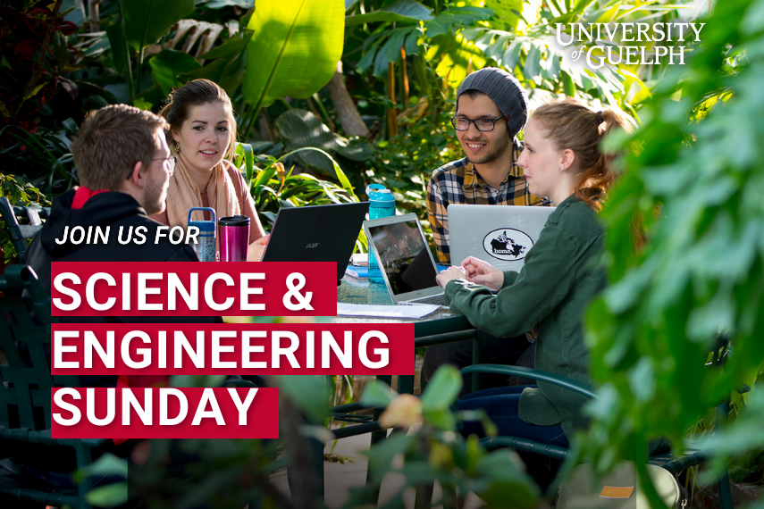 group of diverse students at a table with text that reads "join us for science and engineering sunday"
