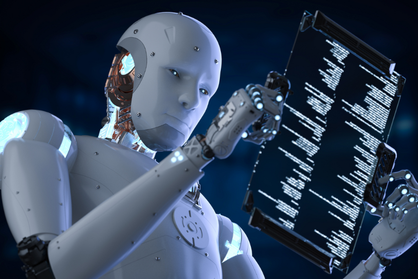 Graphic of robot holding a tablet.