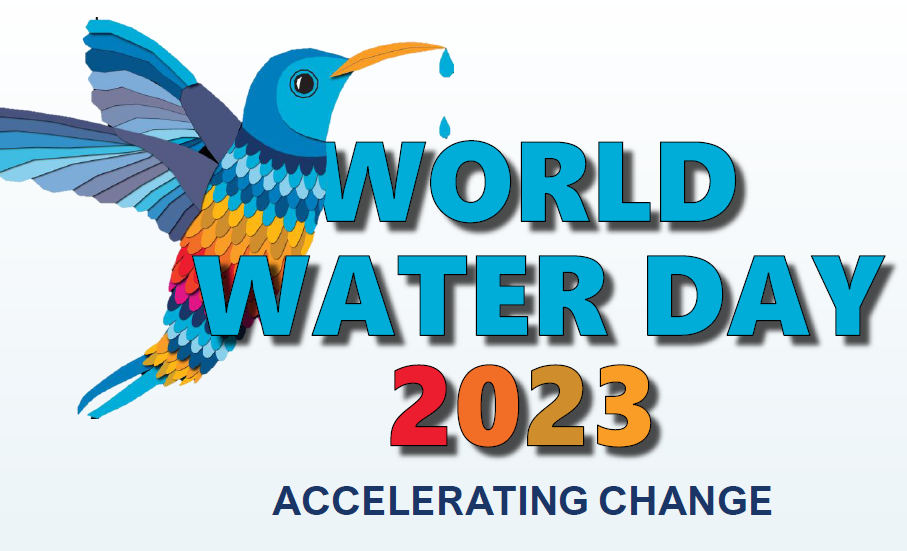 A rainbow patterned bird drips water beads from its mouth on top of the WWW 2023 logo