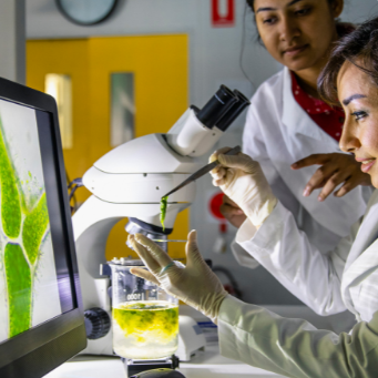 two women looking into a microscope