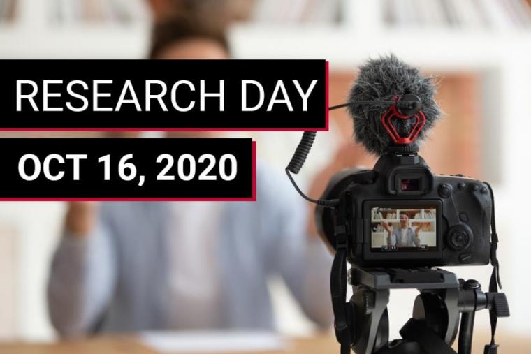 Image text reads: Research Day October 16, 2020 and overlays an image of a person filming themselves with a camera