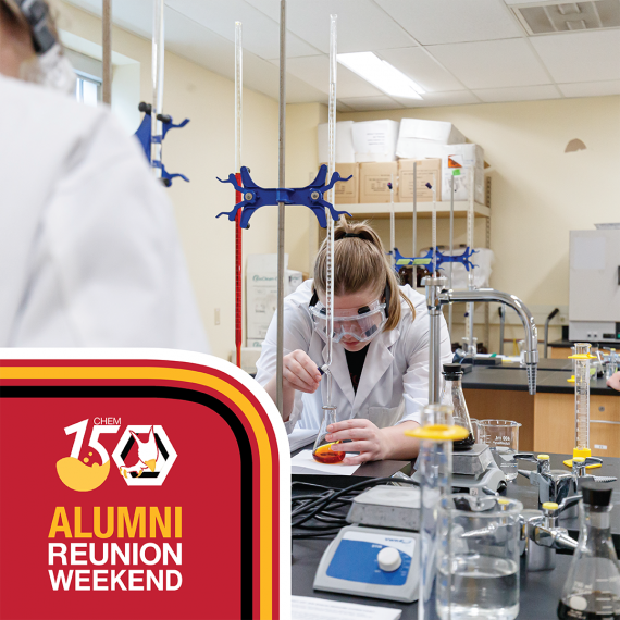 Chemistry student in lab with Chem 150 logo in lower left corner