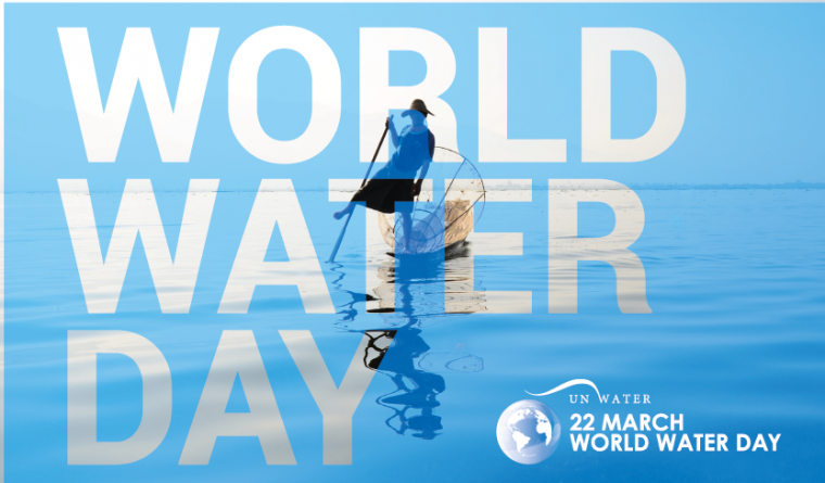 Image of a person on the water with the words "WORLD WATER DAY" overtop of the image