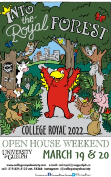 Poster of a gryphon and other animals in a forest with the caption "INTO THE ROYAL FOREST, COLLEGE ROYAL 2022, OPEN HOUSE WEEKEND MARCH 19&20"