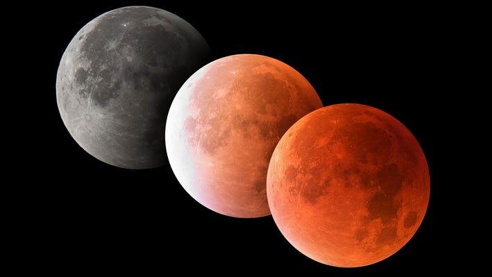 Image of three moons, one is grey, the other is a light orange, and the third is a dark orange 