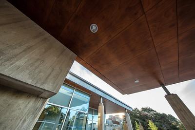 Artistic, wide-angle shot of features on Albert A Thornborough Building on U of G campus