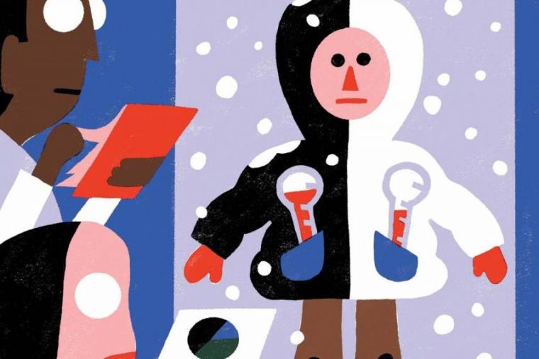 Graphic of person wearing a half white, half black winter coat.