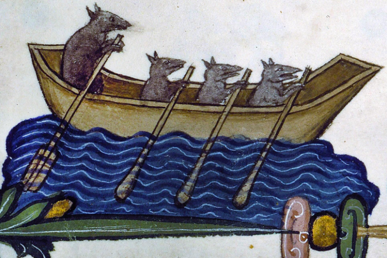 Historical artwork of four rates in a boat 