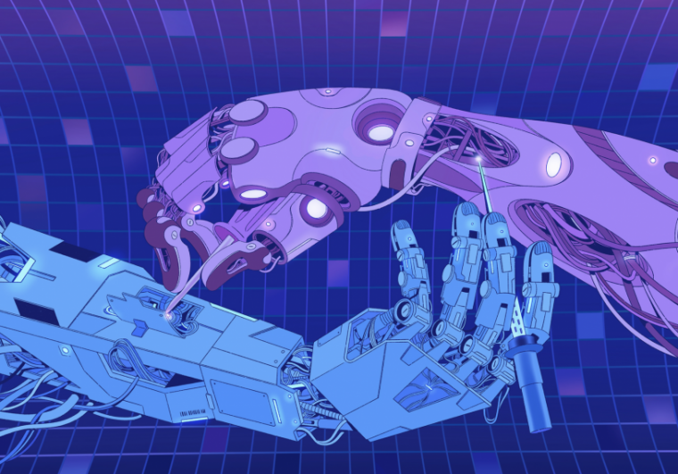 Cartoon image of two purple and blue robot hands touching each other