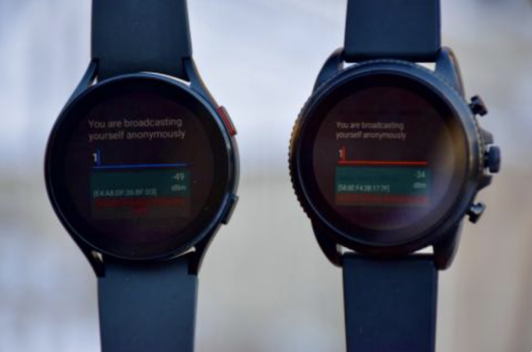 image of two smart watches, that read "you are broadcasting yourself anonymously"