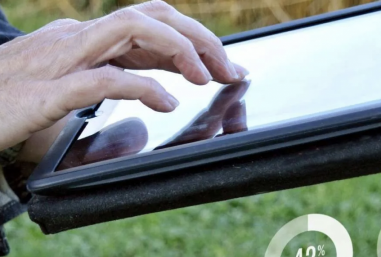 Person using iPad in farmer's field