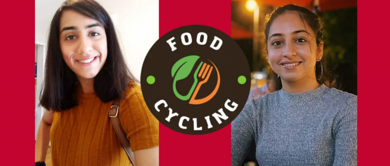 on the left there's is an image of a girl smiling, in the middle a logo that says food cycling and on the right an image of another girl smiling