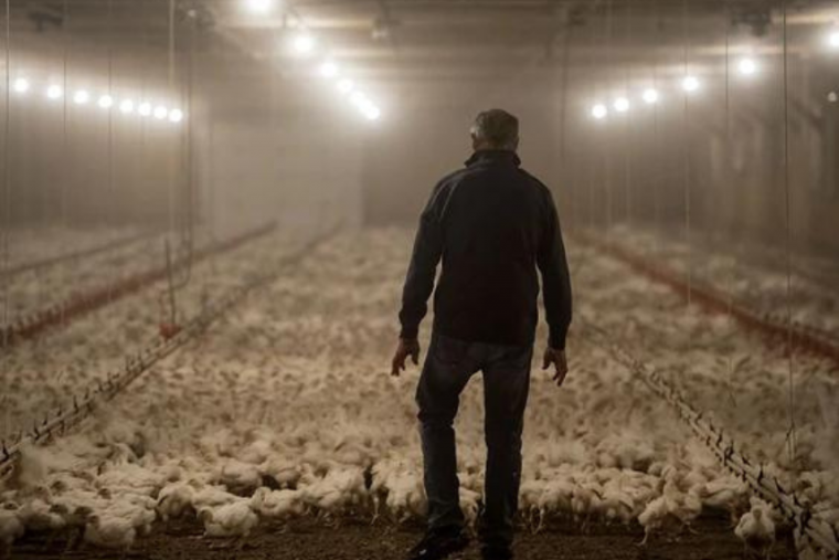 Man stands facing away from the camera looking at a barn full of chickens.