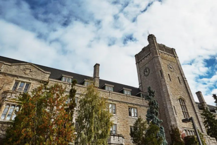 Wide view low angle shot of Johnston Hall.  