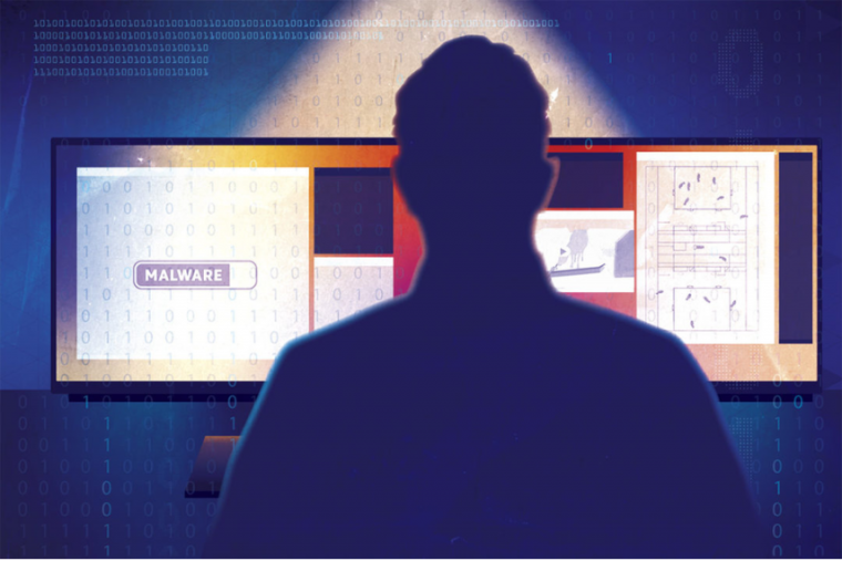 Graphic image of a person sitting in front of a computer. 