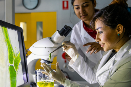 Two women looking at microscope and wearing lab gear