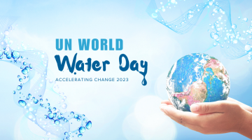 Blue water, bubbles, globe in hands 