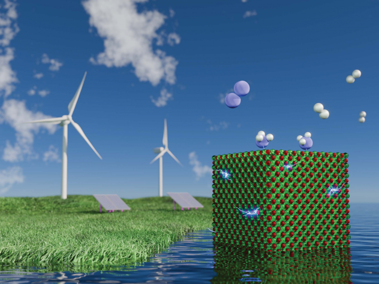 A green and red cube made of spheres with electricity running through it sits in a body of water. Molecules are released from the cube with renewable energy sources in the background.