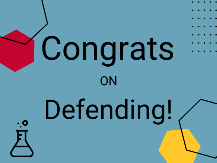 Congrats on defending written on a blue background with a flask and hexagons.